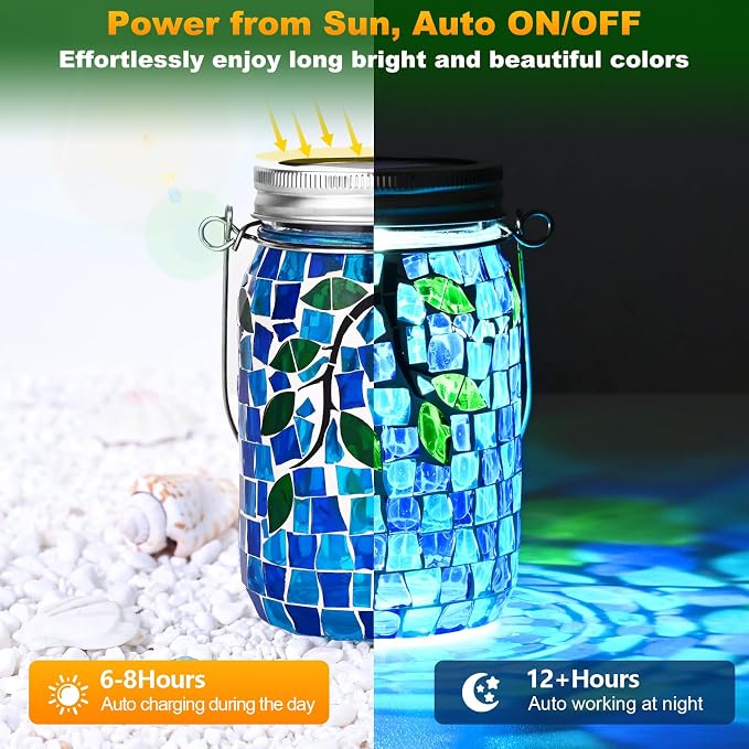 Uspring 2 Pack Mosaic Solar Lanterns Outdoor Waterproof Garden Decor Stained - Image 3