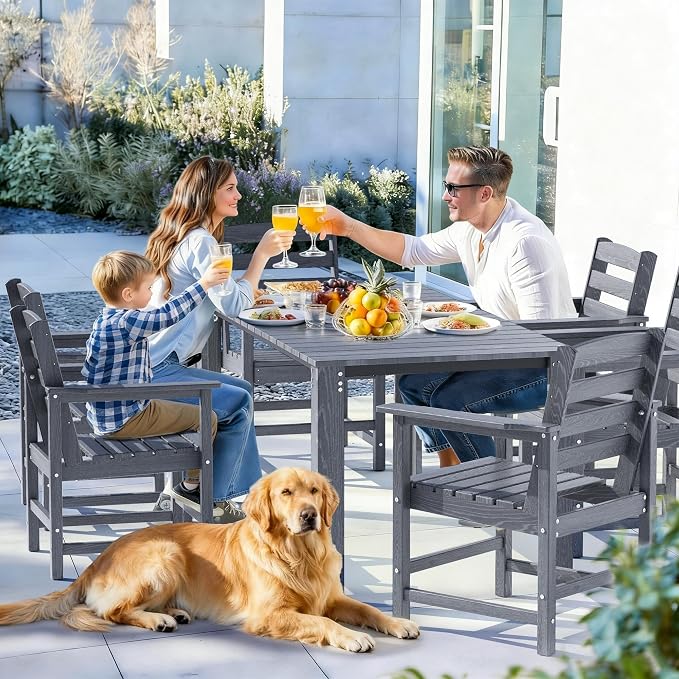 Outdoor HDPE Dining Table Set, 7-Piece Outdoor Dining Table Sets, Wood Grain - Image 2