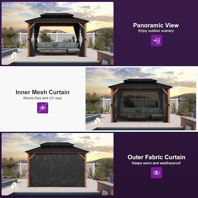 PURPLE LEAF 8' X 12' Hardtop Gazebo Outdoor Wood Grain Aluminum Frame - Image 9