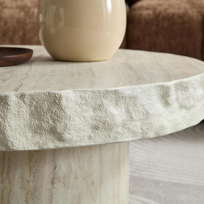 Round Coffee Table, 31.69" Fiberglass Faux Marble Pattern Imitation Stone Table - Image 5