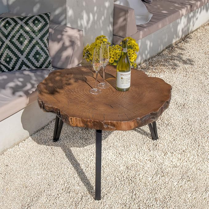 COSIEST Outdoor Faux Wood Tree-Slice Coffee Table, Natural Oak Hand Painted - Image 2