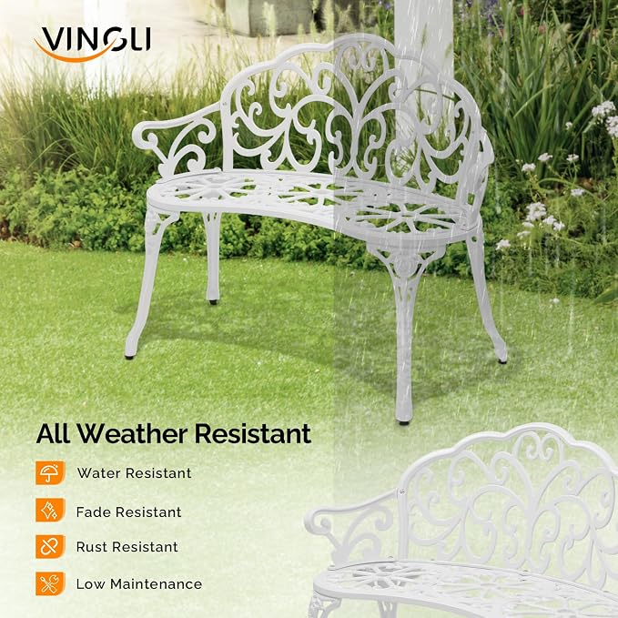 VINGLI 38.5" Patio Park Garden Outdoor Metal Rose Bench, 2-Person Cast Iron - Image 6