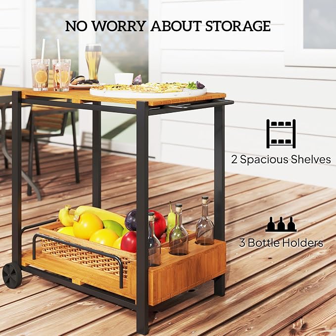 Outsunny Acacia Wood Outdoor Bar Cart, Rolling 2-Tier Outdoor Bar Table - Image 3