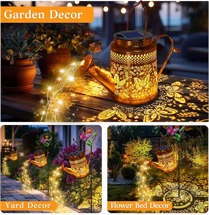 2 Pack Solar Powered Butterfly Watering Can Lights Waterproof Outdoor Decor - Image 5