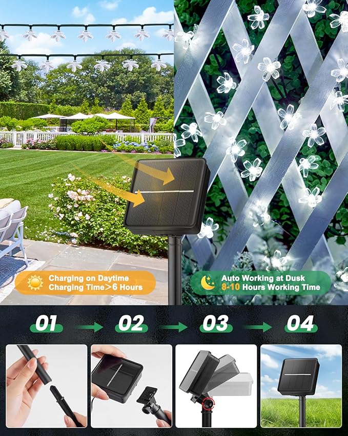 Brightown 2 Pack Total 52FT 120 LED Solar String Lights Flower Outdoor - Image 5