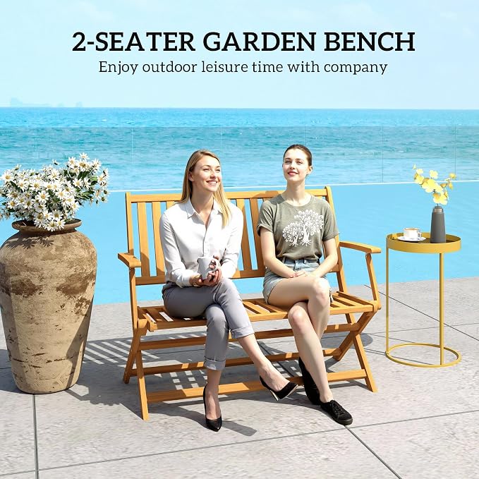 Outsunny Wood Outdoor Bench, 2-Person Foldable Patio Acacia Wood Garden Bench - Image 8