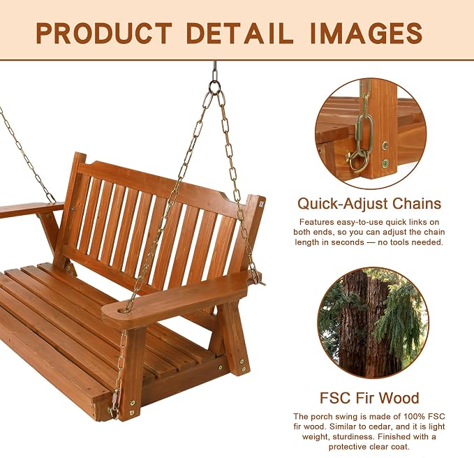 Wooden Porch Swing 2-Seater, Bench Swing - Image 6
