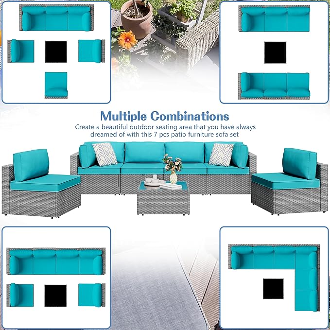 Shintenchi 7 Pieces Outdoor Patio Furniture Sets, Patio Sectional Sofa Couch - Image 2