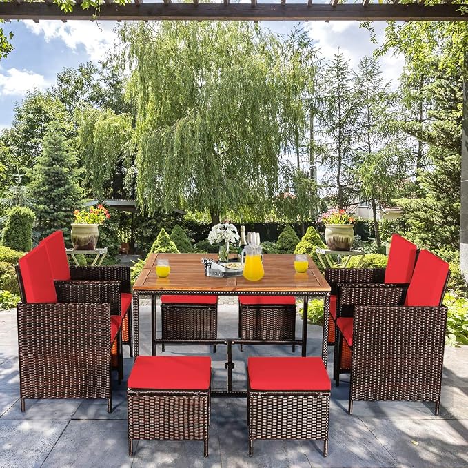 Tangkula 9 Pieces Acacia Wood Patio Dining Set, Space Saving Wicker Chairs and - Image 4