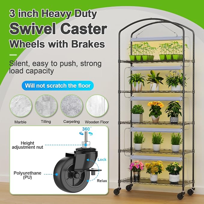 Abimars 5-Tier Greenhouse with Grow Light, Shelf Height Adjustable Metal Plant - Image 5
