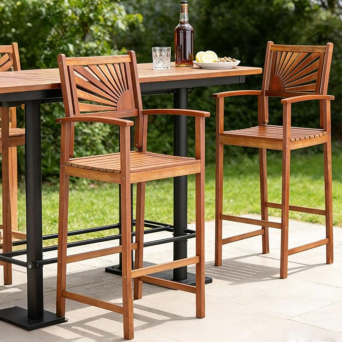 COSTWAY Outdoor Bar Chairs Set of 2, Armrest and Footrest, Patio High Top Chairs - Image 8