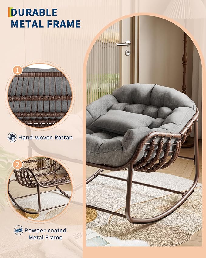 GarveeLife Outdoor Papasan Rocking Chair, Oversized Wicker Lounge Chair - Image 4