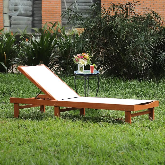 COSTWAY Patio Wood Chaise Lounge Chair, Strong Eucalyptus Wood Frame, - Image 2