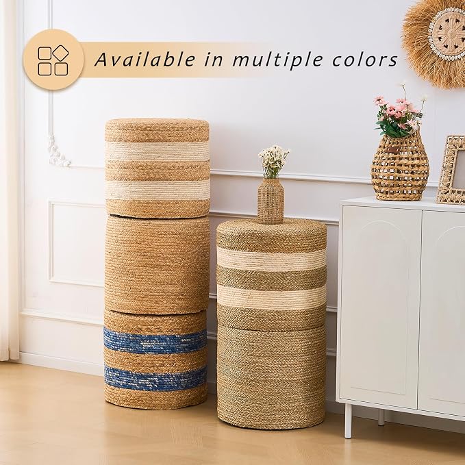 Handwoven Ottoman Pouf, Natural Water Hyacinth Footstool, Round Braided Outdoor - Image 6