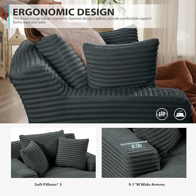 50 Inch Chaise Lounge Chair Indoor, Oversized Corduroy Upholstered Boneless - Image 5