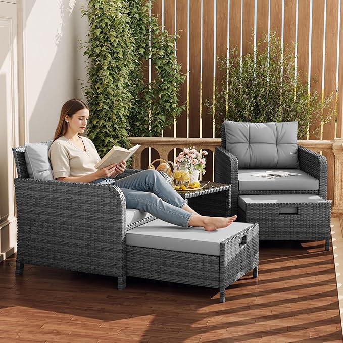 LHBcraft Outdoor Furniture 5 Piece Patio Conversation Set, PE Rattan Patio Set by LHBcraft-US