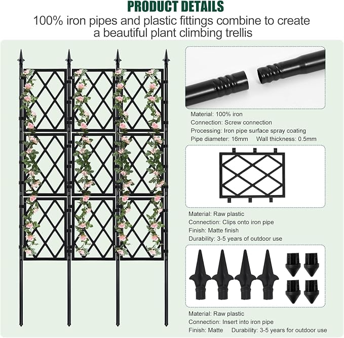 Garden Trellis for Climbing Plants Outdoor 5.25 FT, Iron Pipe Metal Support - Image 4