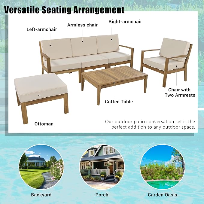 6-Piece Outdoor Patio Conversation Furniture Set, Acacia Wood Sectional Sofa Set - Image 8