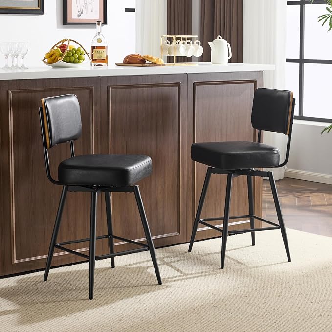 VINGLI 26" Swivel Bar Stools Set of 2, Upholstered PU Leather BarStools - Image 7