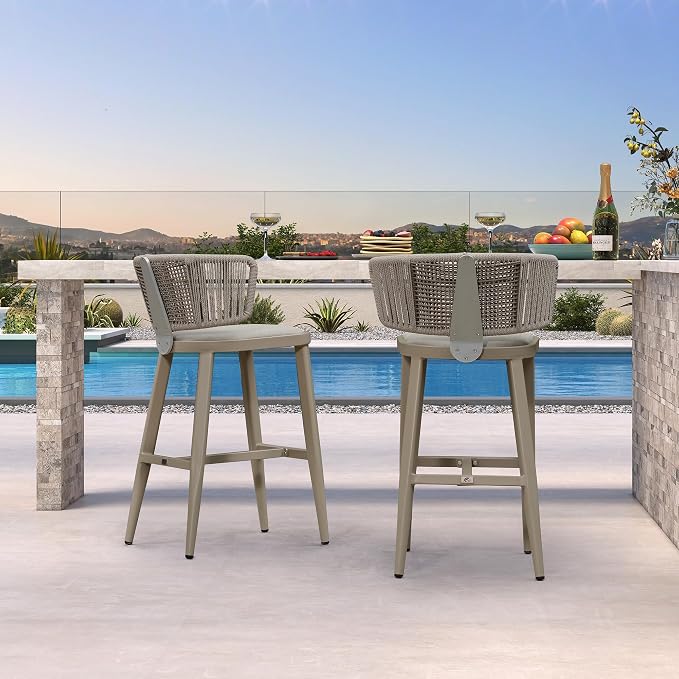 PURPLE LEAF Outdoor Bar Height Stool Set of 2 Modern Rattan Bar Chairs - Image 3