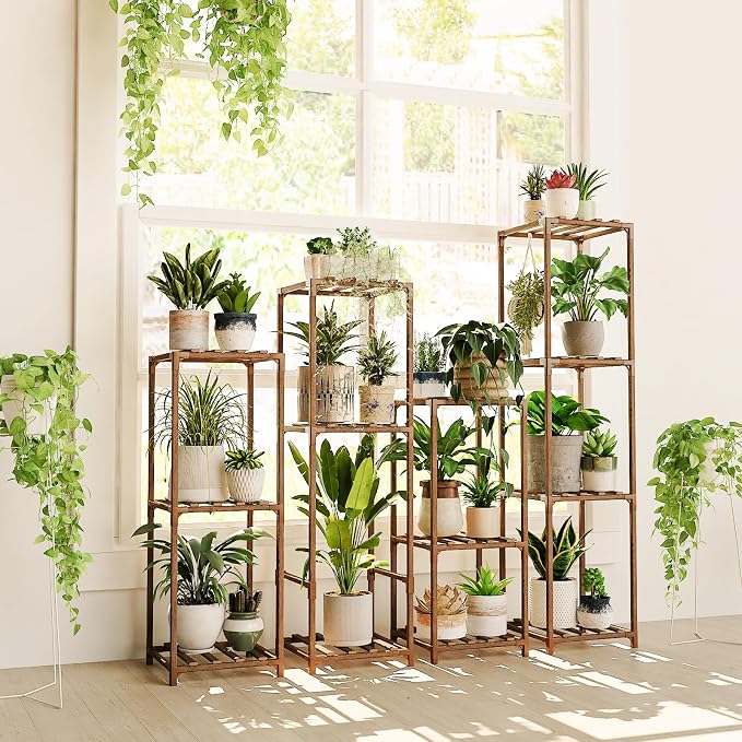 Bamworld 4 Sets Tall Plant Stands Indoor Outdoor Combo Plant Shelves Wooden - Image 8