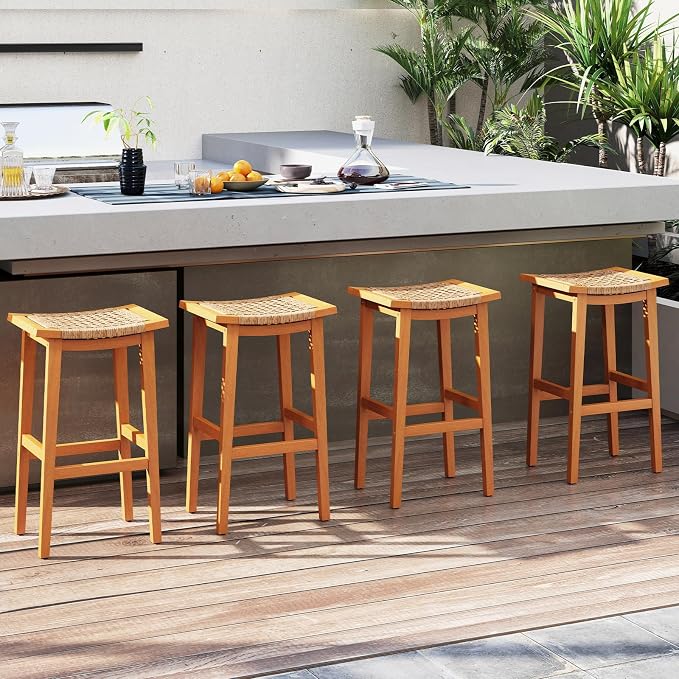 Giantex Outdoor Wooden Bar Stools Set of 4, Solid Acacia Wood Bar Height Stools - Image 2