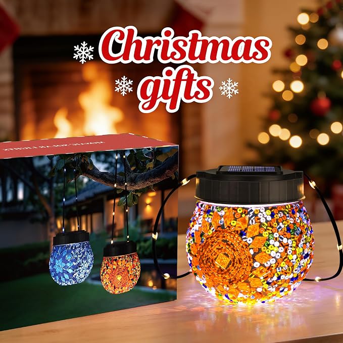 Mosaic Solar Lights Outdoor 6 Pack, Solar Hanging Lanterns Christmas Halloween - Image 2
