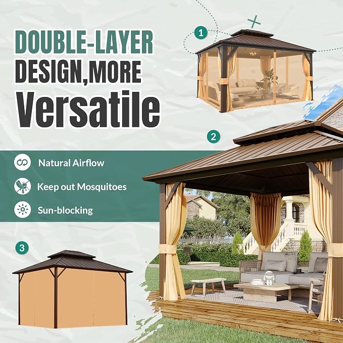 MELLCOM 10' x 12' Gazebo, Hardtop Double Roof Gazebo - Image 4