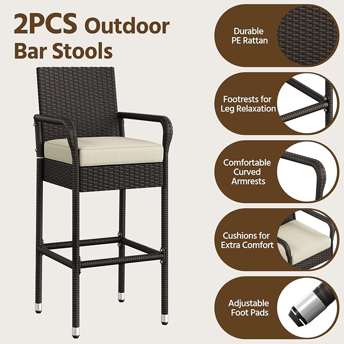 Yaheetech Outdoor Bar Stools Set of 2, Patio Wicker Chairs - Image 6