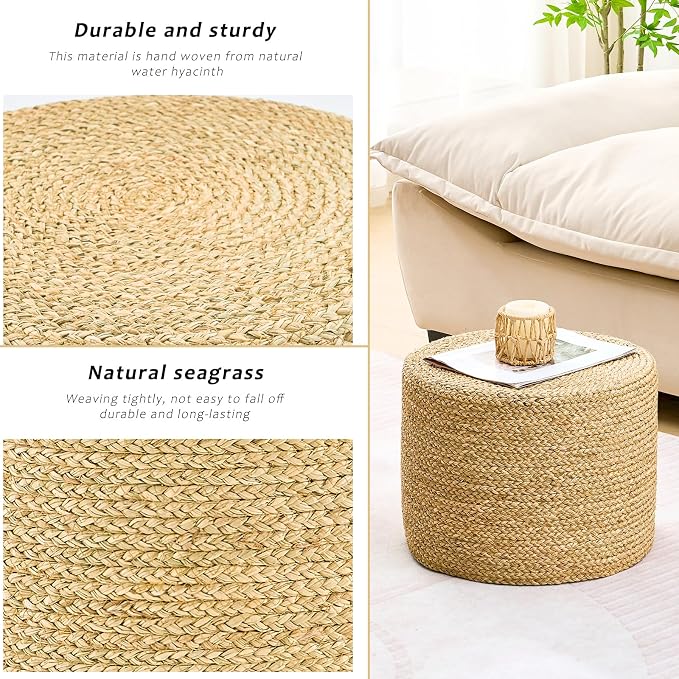 Handwoven Seagrass Ottoman Pouf, Round Outdoor Footstool - Image 5