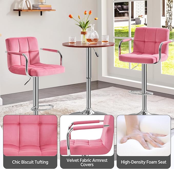 Yaheetech Bar Stools Set of 2, Adjustable Velvet Fabric Swivel Barstools - Image 5