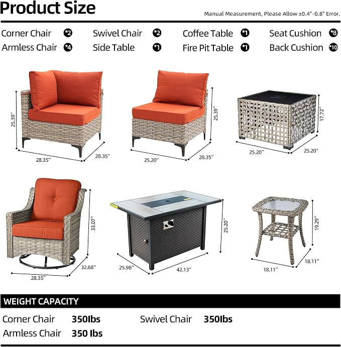 11 Pieces Outdoor Patio Furniture Set, Rattan Wicker Sectional Swivel Rocker - Image 8