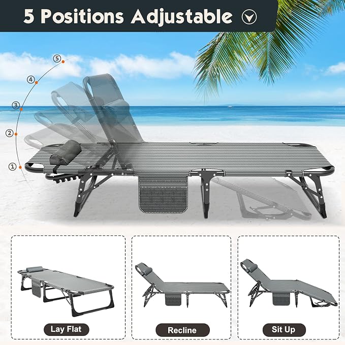 MOPHOTO Folding Chaise Lounge Chair 5-Position, Folding Cot, Heavy Duty Patio - Image 3