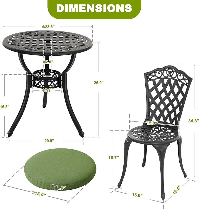 NUU GARDEN 3-Piece Patio Bistro Set Outdoor Cast Aluminum Bistro Table and - Image 6