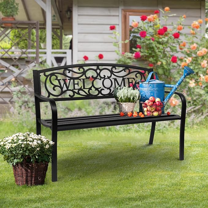 VINGLI Outdoor Bench for Patio Metal Garden Bench w/PVC Back Pattern - Image 7
