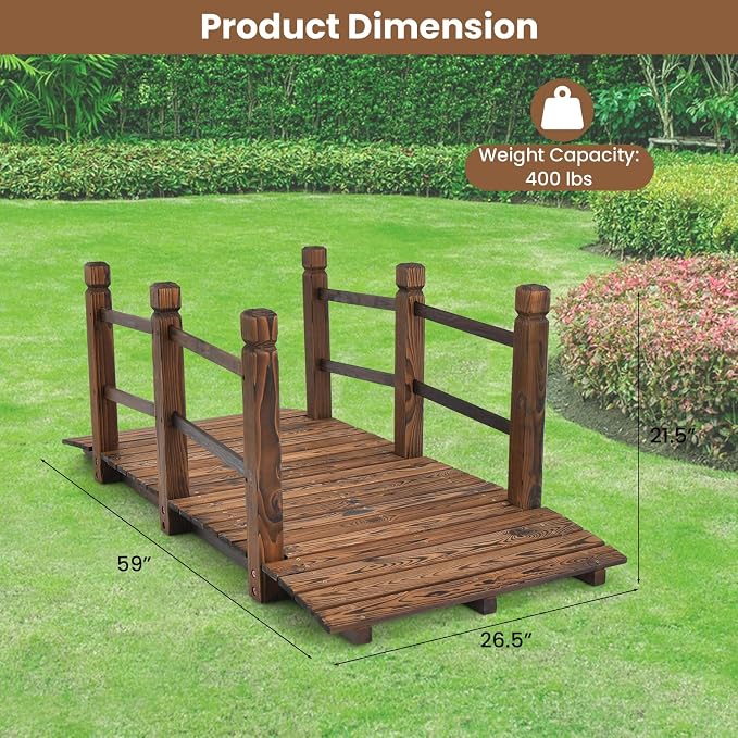 HAPPYGRILL 5FT Wooden Garden Bridge, Decorative Pond Landscaping Bridge - Image 9