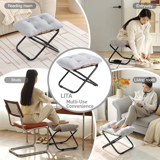 LITA Folding Footrest Stool, Portable Ottoman Foot Rest, Upholstered Small - Image 6