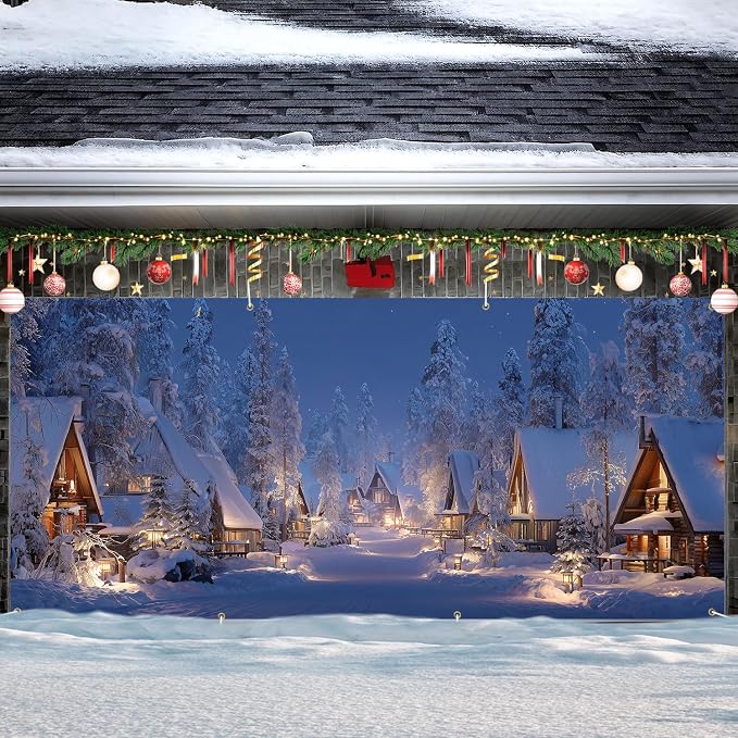 Snowy Winter Village Garage Door Decorations 6x13FT, Cozy Christmas Cabin - Image 7