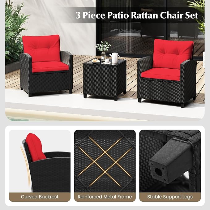 Tangkula 3 Pieces Patio Furniture Set, Rattan Conversation Set w/Soft Seat & - Image 9