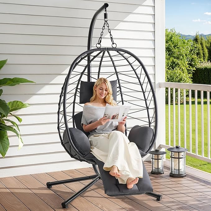 ONBRILL Hanging Egg Chair with Adjustable Footrest & Stand, Wicker Rattan Swing by ONBRILL
