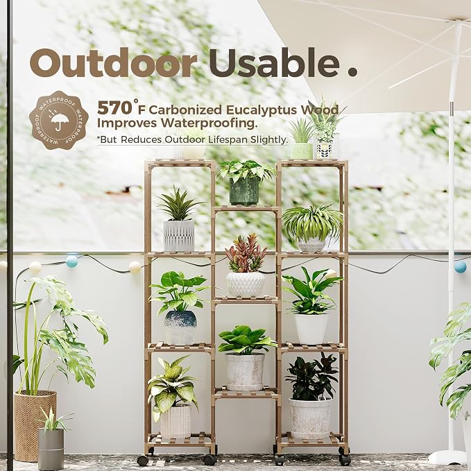 Bamworld Plant Stand With Wheels Indoor Outdoor Wood Plants Shelf - Image 3