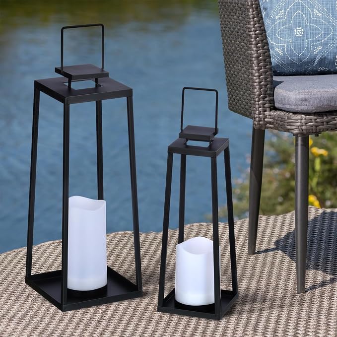 Solar Lantern Decorative Outdoor Set of 2 Modern Black Metal Lanterns - Image 5