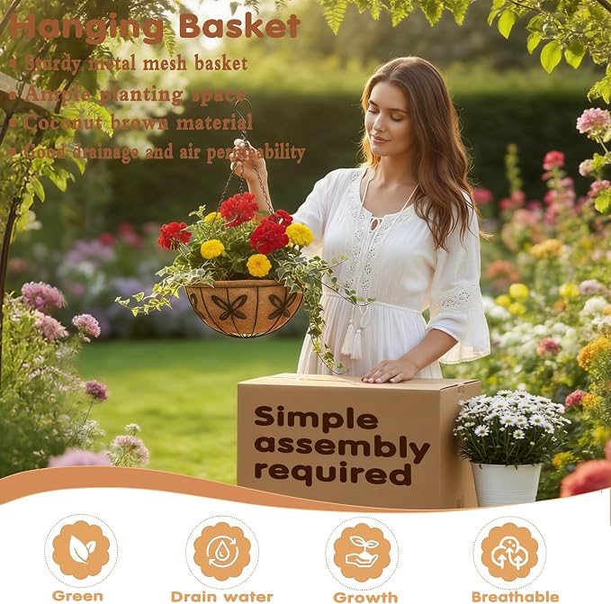 14 inch Metal Hanging Baskets For Plants Outdoor 4 Pack Round Metal Wire - Image 2
