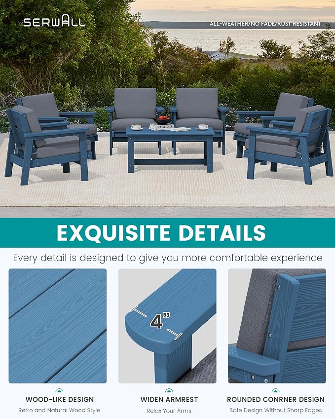 SERWALL HDPE Outdoor Furniture Set, 7 Piece All Weather Wood-Like Outdoor Sofa - Image 4