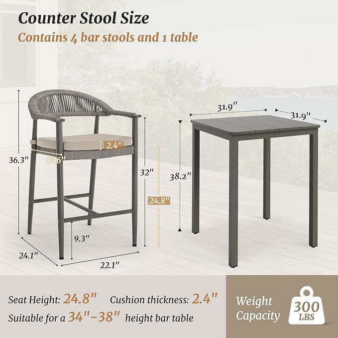 5-Piece Outdoor Patio Furniture Set, 4 Rattan Bar Stools - Image 2