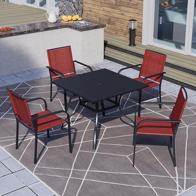 5 Piece Patio Dining Set, Outdoor Black Sling Stackable Chairs and 35" Square - Image 8