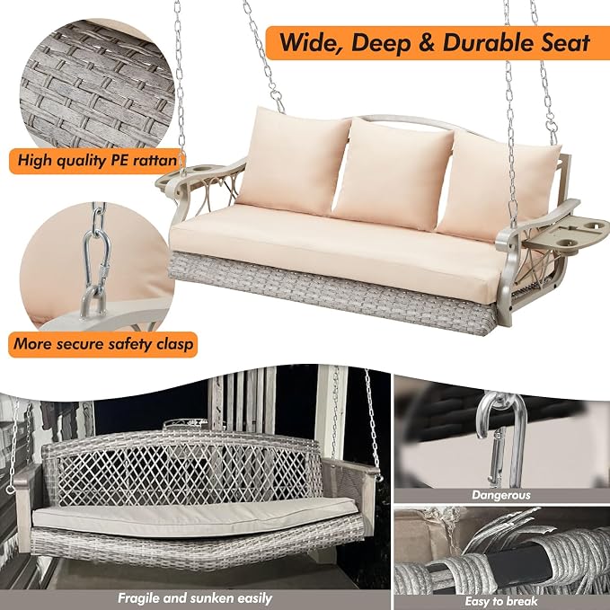 3-Person Wicker Porch Swing Chair Heavy Duty 900 LBS Outdoor Rattan Patio Swing - Image 2