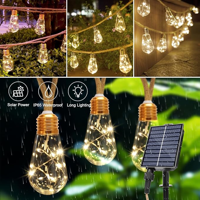 Solar String Lights Outdoor, 26 Ft Vintage Rope Hemp Solar Patio Lights - Image 5