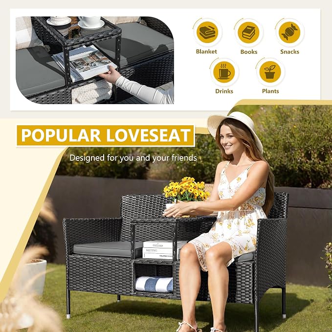 Devoko Outdoor Patio Loveseat Modern Rattan 2-Seat Patio Conversation Set - Image 3