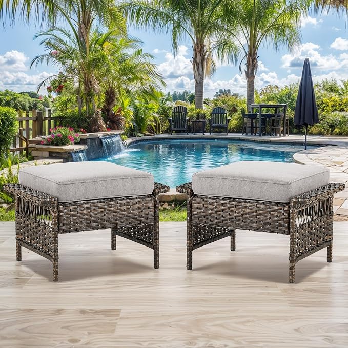 Patio Ottomans 2 Piece Outdoor Wicker Ottomans PE Rattan Footrest - Image 6